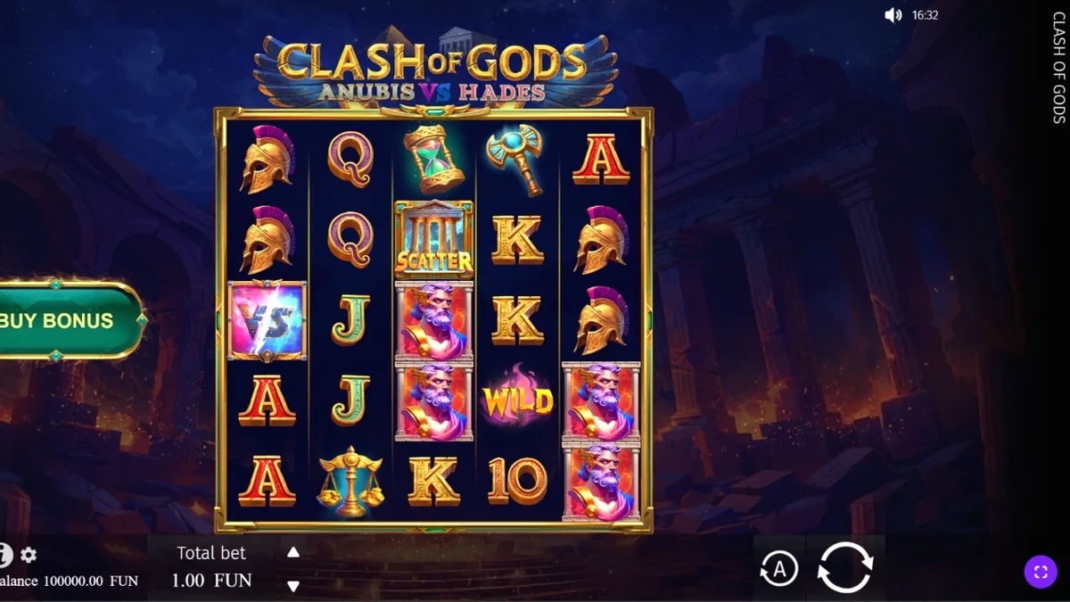 Clash of Gods: Anubis vs Hades স্লট গেমের একটি দৃশ্য যেখানে মিশরীয় এবং গ্রিক দেবতাদের লড়াই দেখানো হয়েছে।